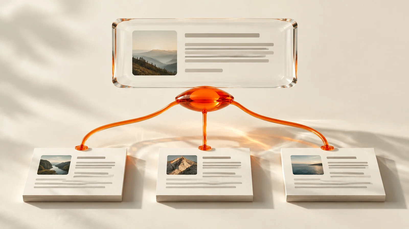 Three source cards connected to a glass AI-answer display.