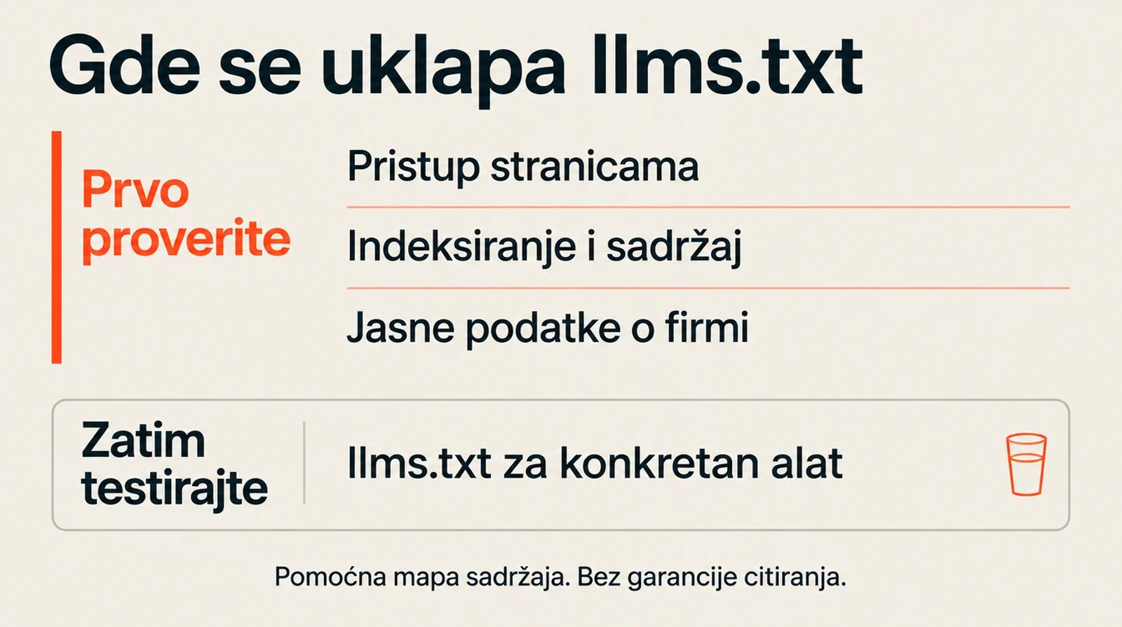My priority order: technical and content foundations, then an llms.txt test for a specific tool.