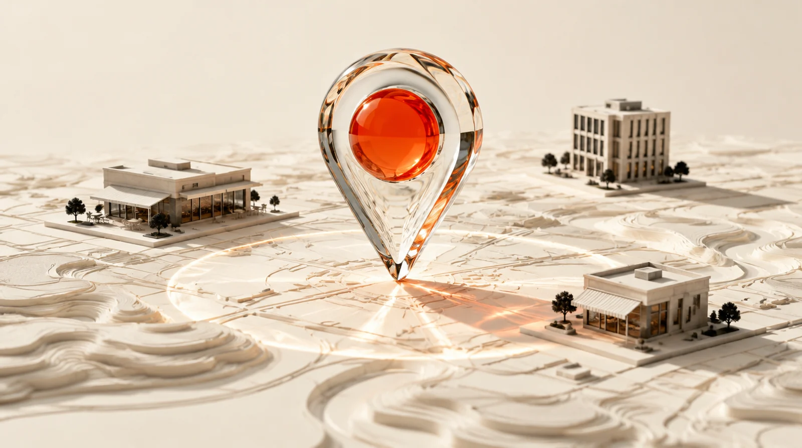 A glass location pin above a relief map with models of local businesses.