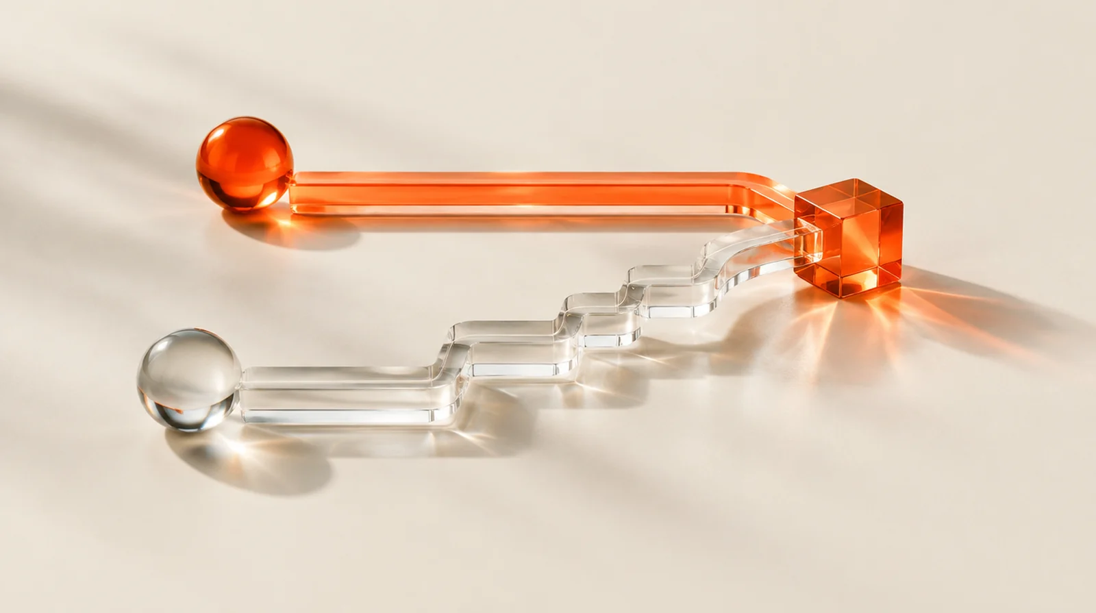 Two glass paths join at one point, illustrating SEO and advertising.