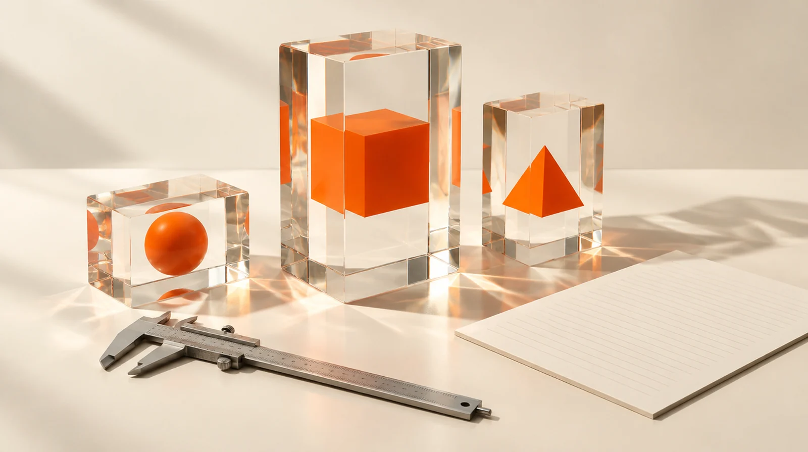 Glass blocks of different sizes and a measuring tool illustrate different SEO proposal scopes.