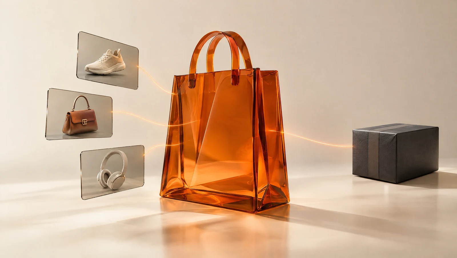 An orange glass shopping bag between product cards and parcels illustrates AI shopping.
