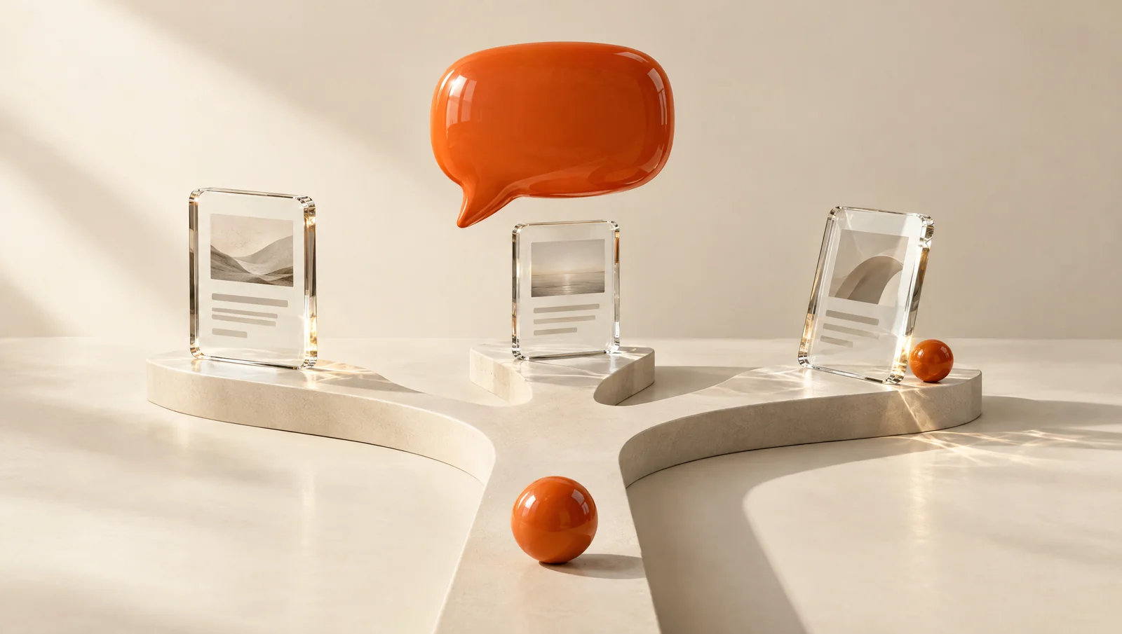 An orange question shape between glass answers and several paths of choice.