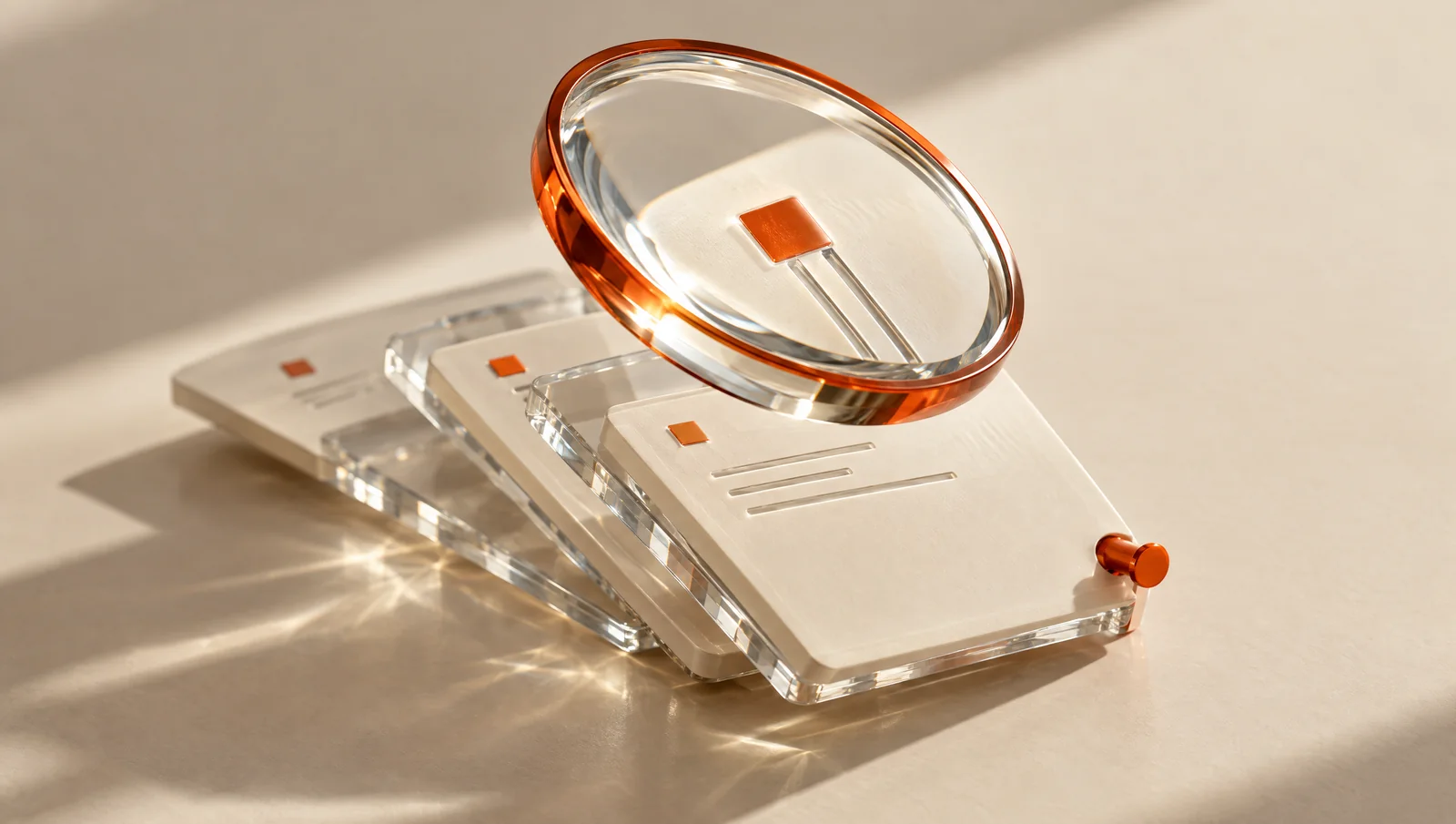 A glass lens magnifies an orange detail across layers of documents.