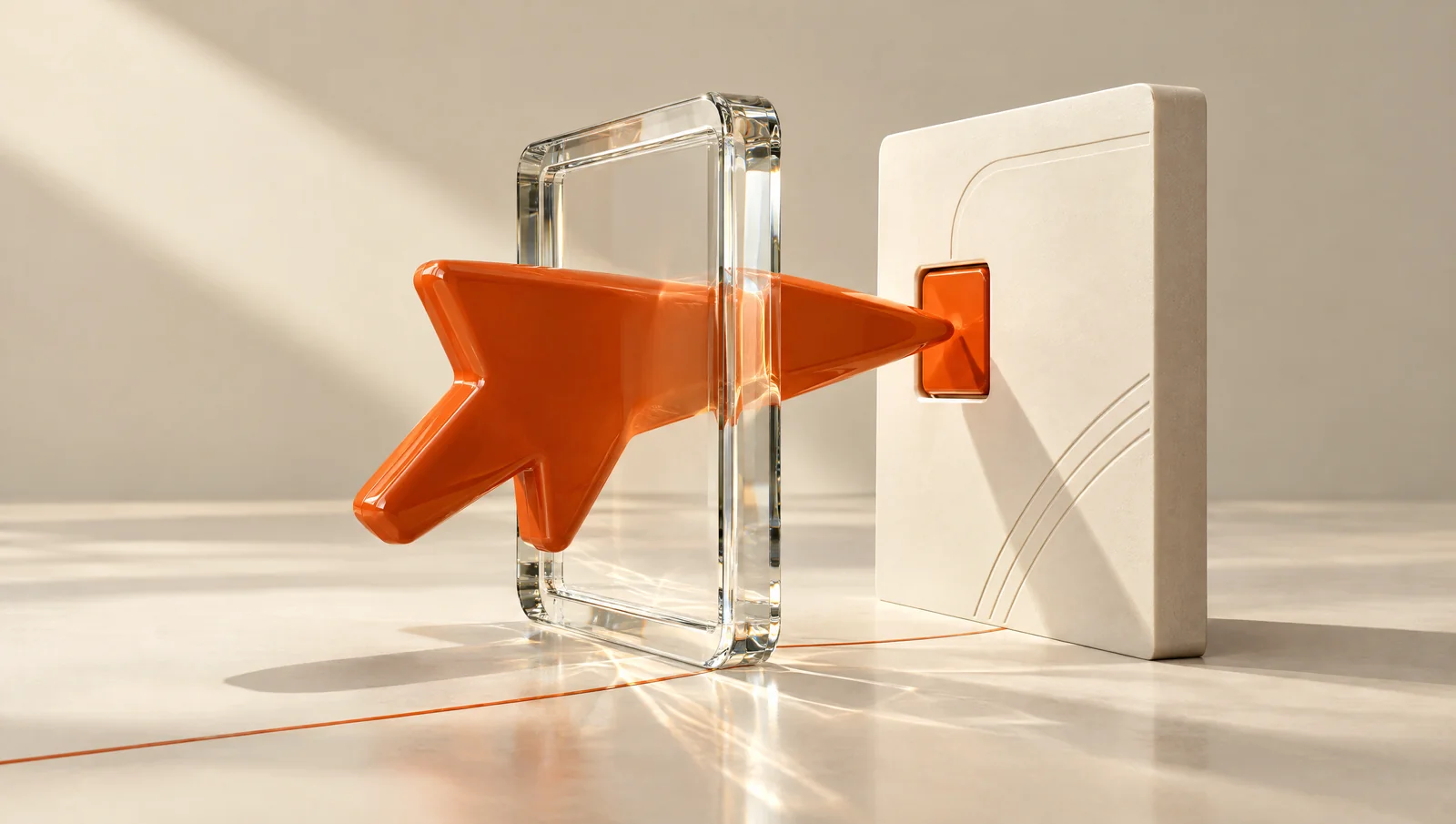 An orange cursor passes through a glass frame towards a landing-page card.