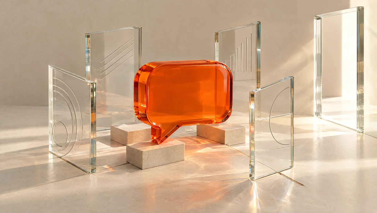 An orange answer shape surrounded by organised glass panels and an illuminated passage.