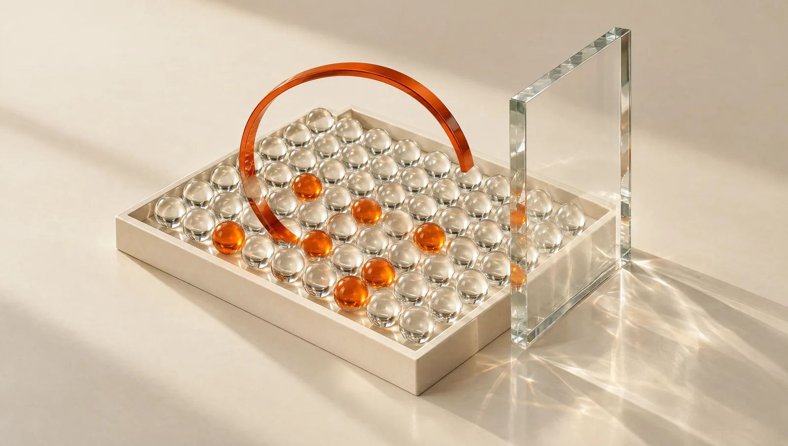 Orange and transparent glass spheres in a regular grid, with a measuring frame.