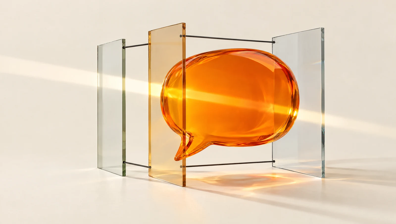 Light passes through an orange glass answer shape between transparent panels.
