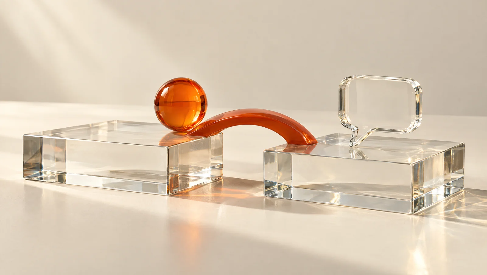 An orange bridge joins two separate glass panels on the path to contact.