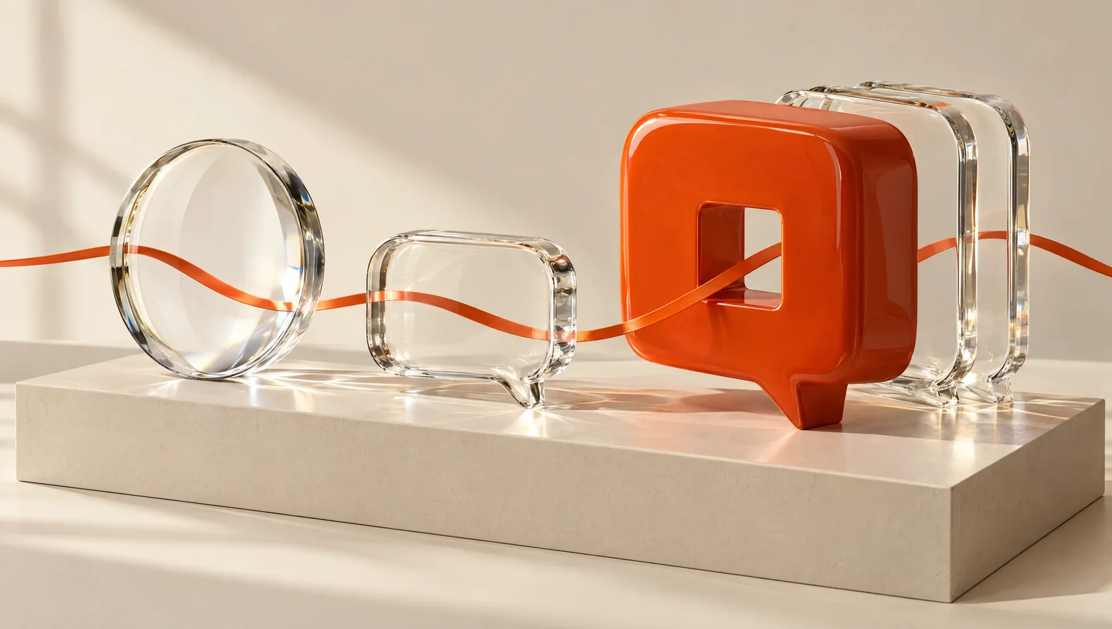 A glass lens and answer shapes connected by an orange ribbon.