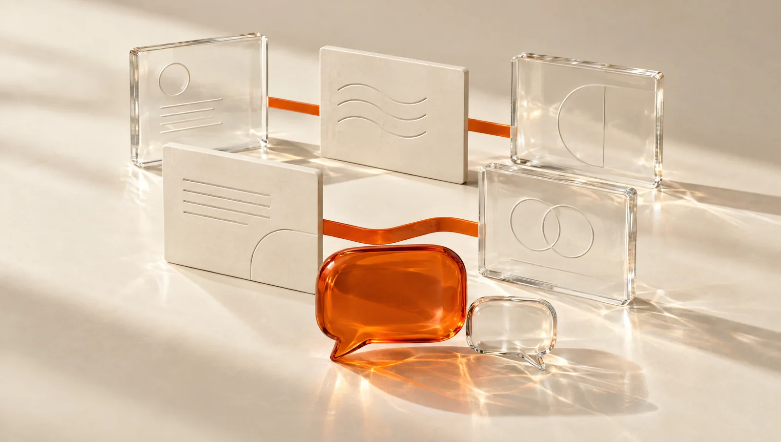Organised glass content cards and orange conversation shapes on a light background.